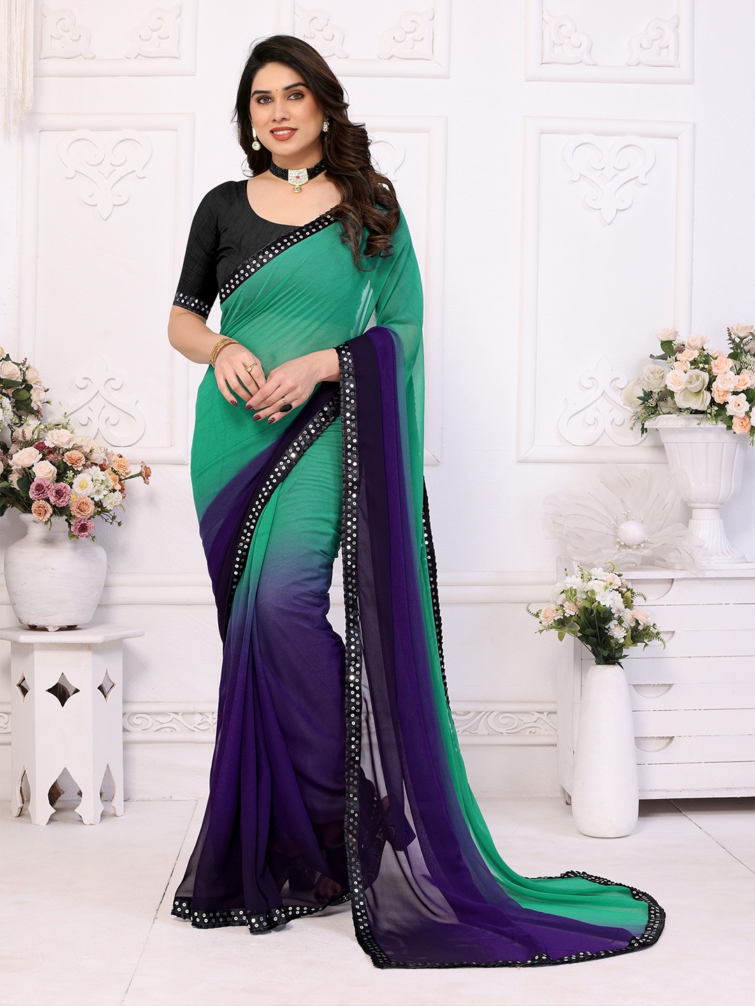 

KAZIA Ombre Sequinned Pure Georgette Saree, Turquoise blue