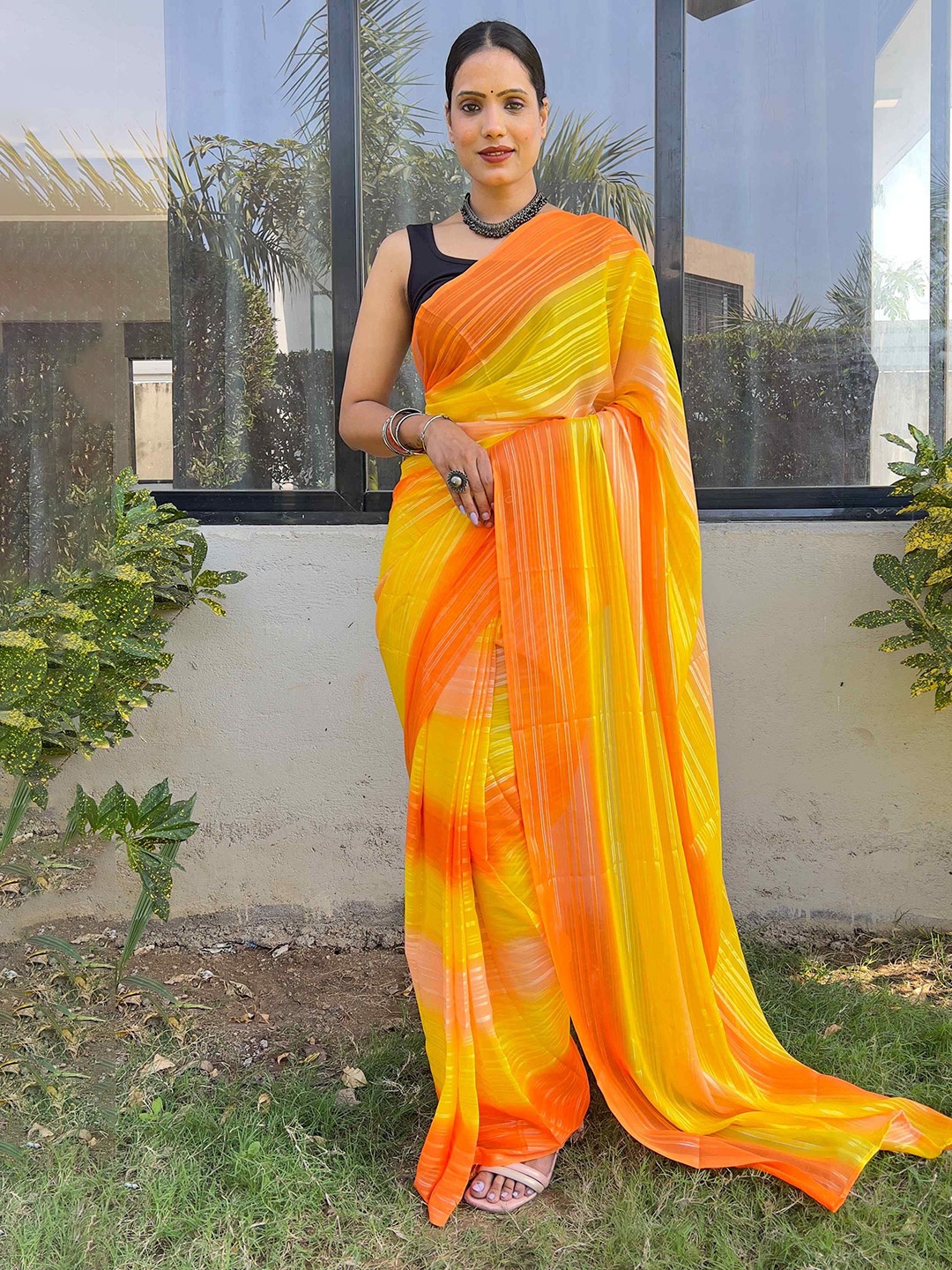 

HERE&NOW Striped Ready to Wear Saree, Orange