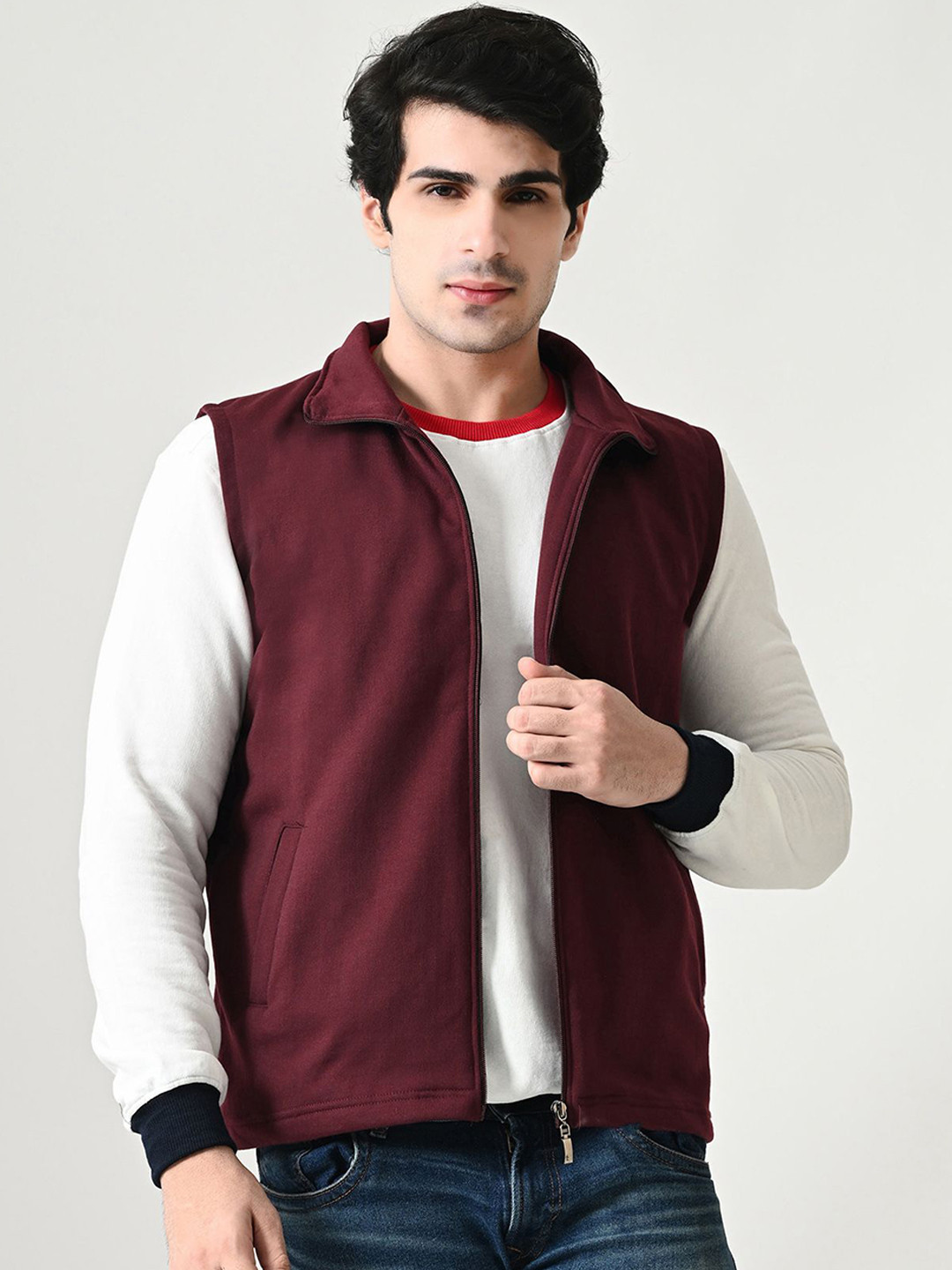 

BAESD Men Fleece Lightweight Open Front Jacket, Maroon