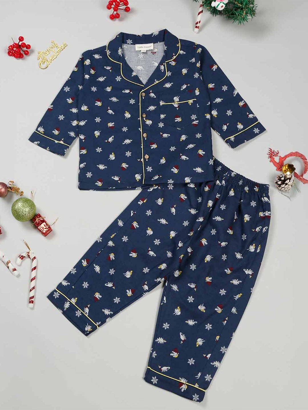 

LITTLE GINNIE Infants Printed Cotton Shirt With Trousers Night Suit, Blue