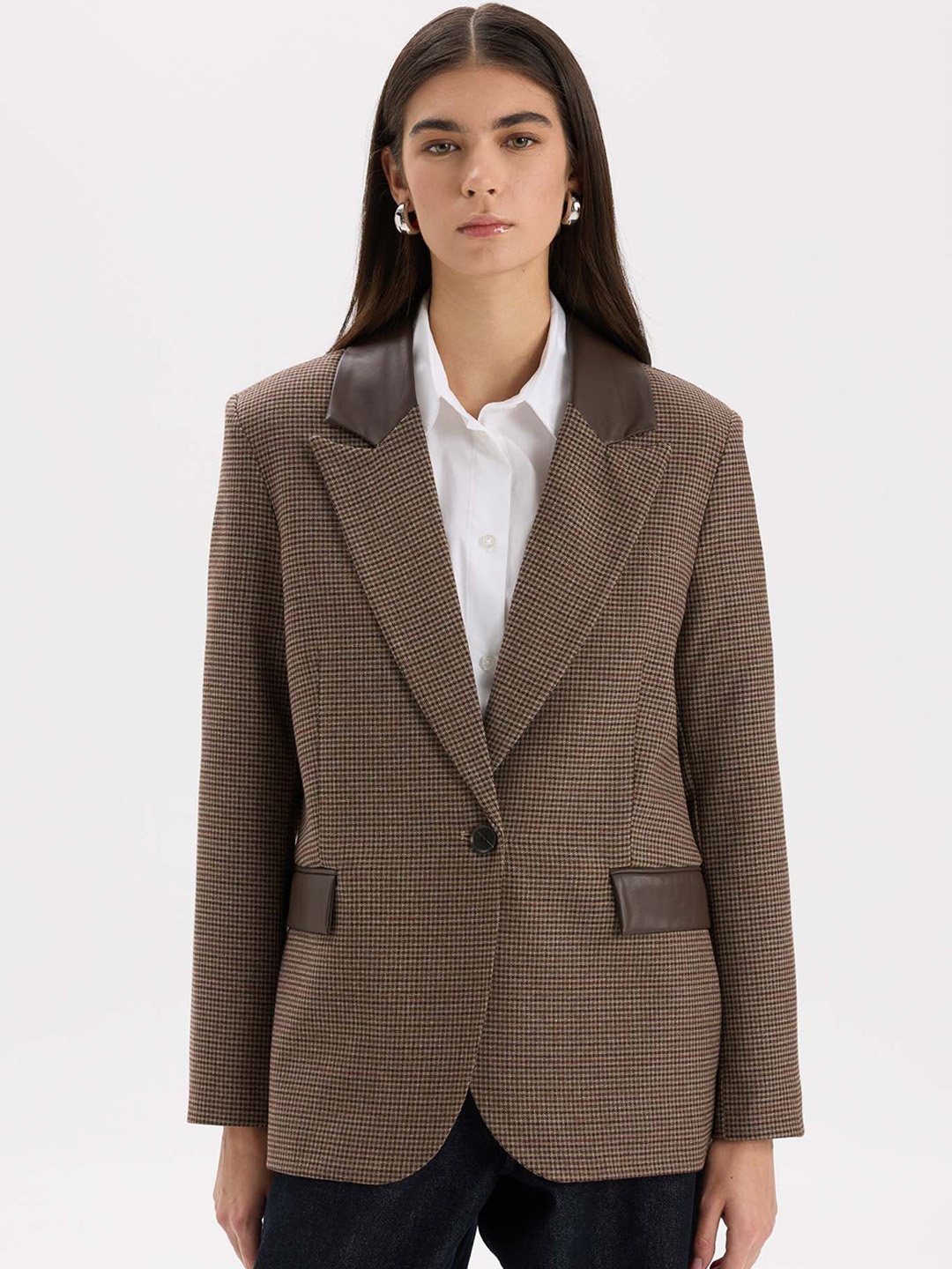 

DeFacto Checked Single-Breasted Blazer, Brown