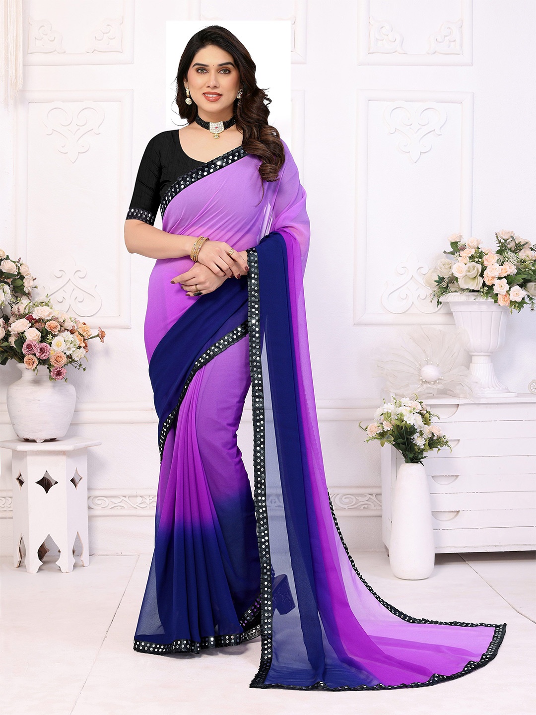 

KAZIA Ombre Sequinned Pure Georgette Saree, Violet