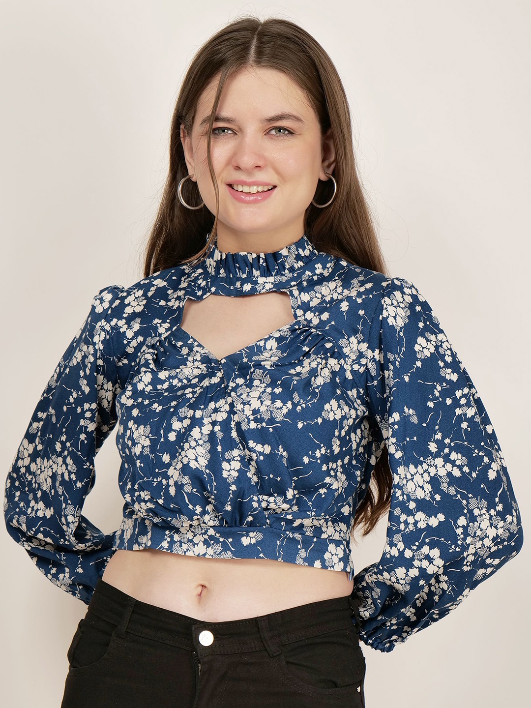 

AUDRAPE Women Floral Printed High Neck Cuffed Sleeves Cotton Crop Blouson Top, Navy blue