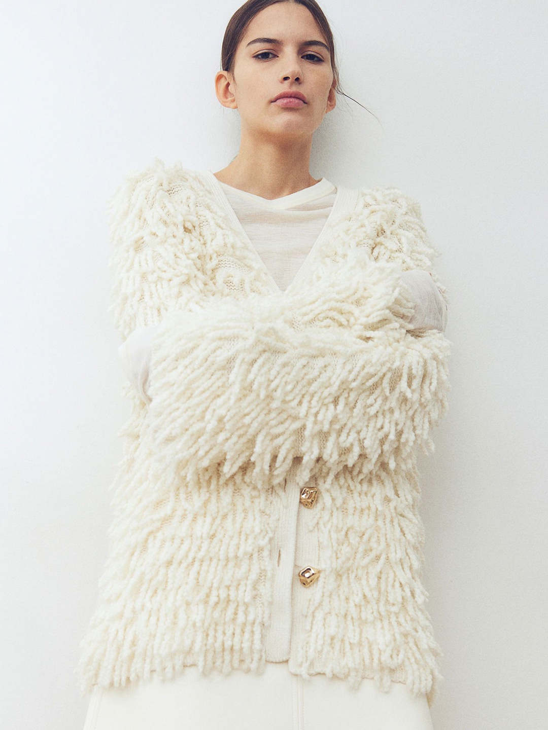 

H&M Fringed Wool-Blend Cardigan, White