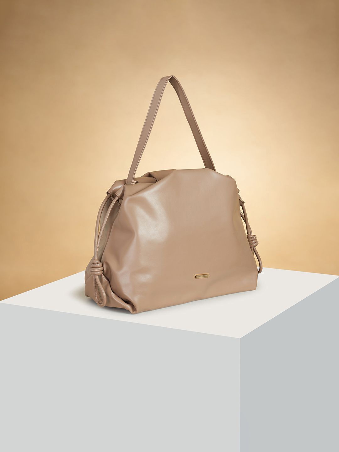 

Forever Glam by Pantaloons Colourblocked PU Oversized Structured Shoulder Bag with Tasselled, Beige