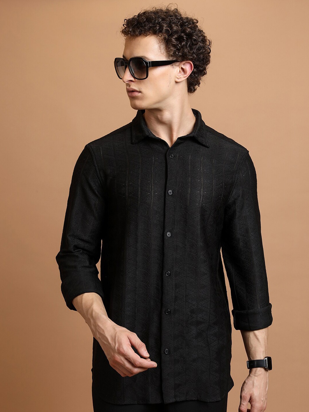 

HIGHLANDER Self Design Relaxed Fit Casual Crochet Shirt, Black