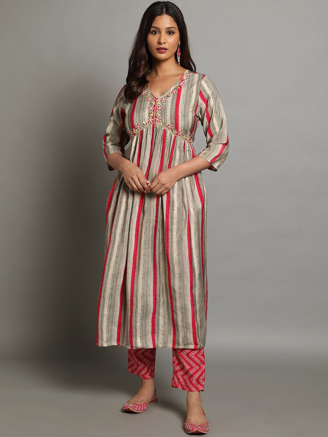 

HERE&NOW Women Striped Regular Thread Work Kurta with Pyjamas & With Dupatta, Grey