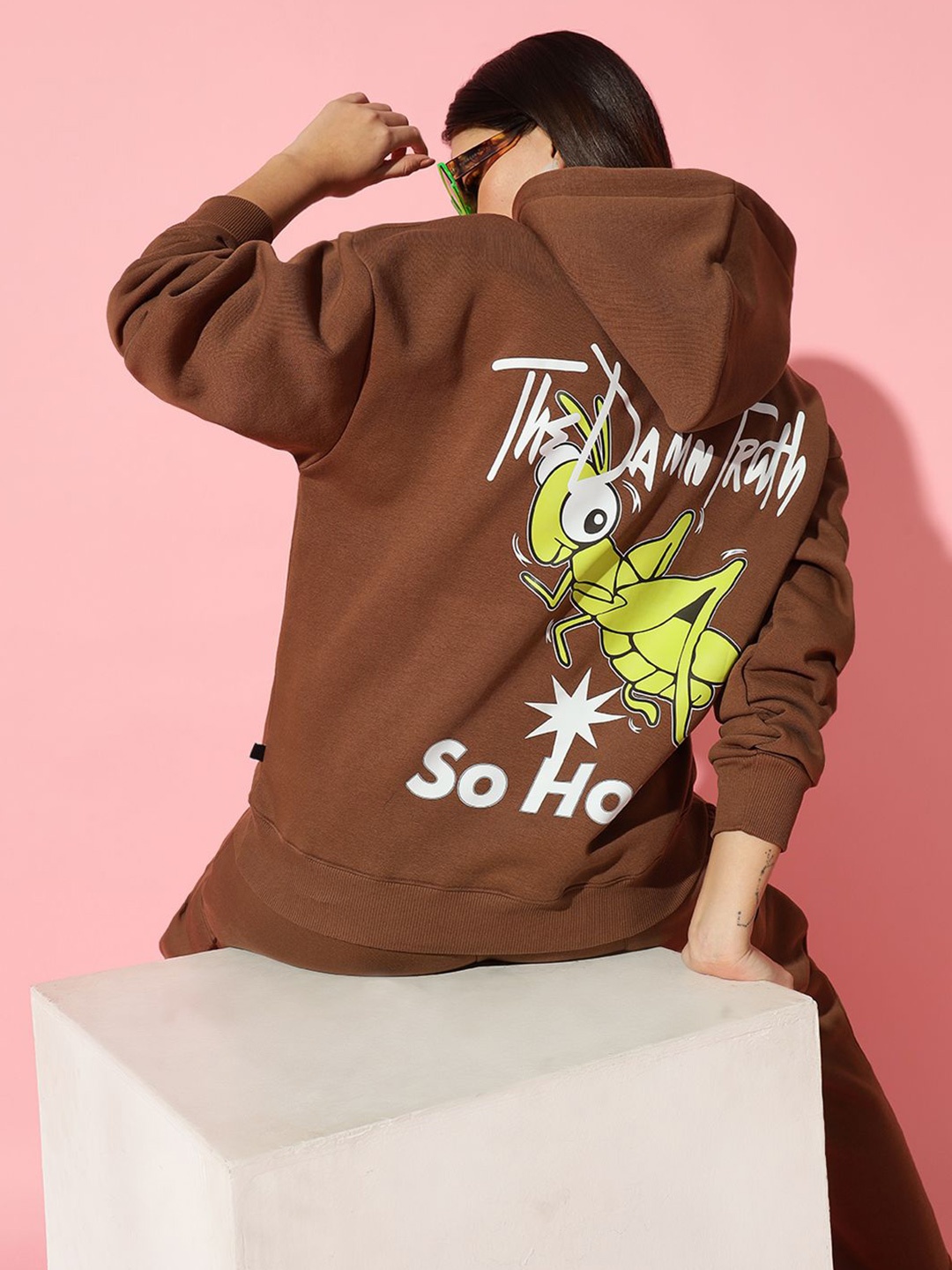 

GRIFFEL Women Brand Logo Printed Hooded Sweatshirt, Coffee brown