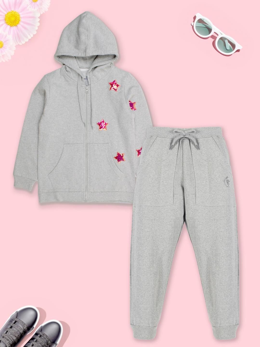 

KiddoPanti Girls Self Design Mid-Rise Tracksuit, Grey melange