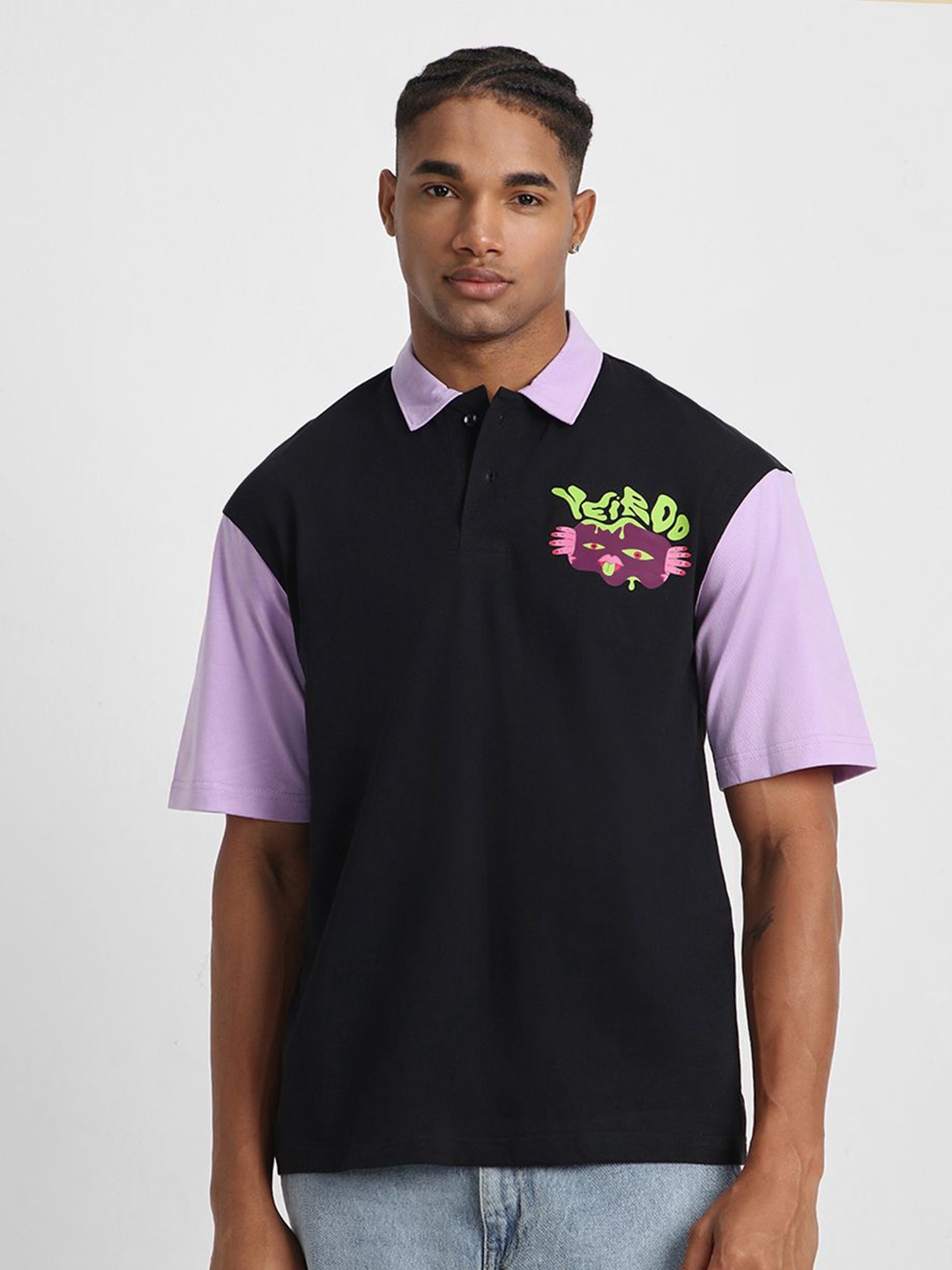 

VEIRDO Men Printed Polo Collar Drop-Shoulder Sleeves Pure Cotton T-shirt, Black