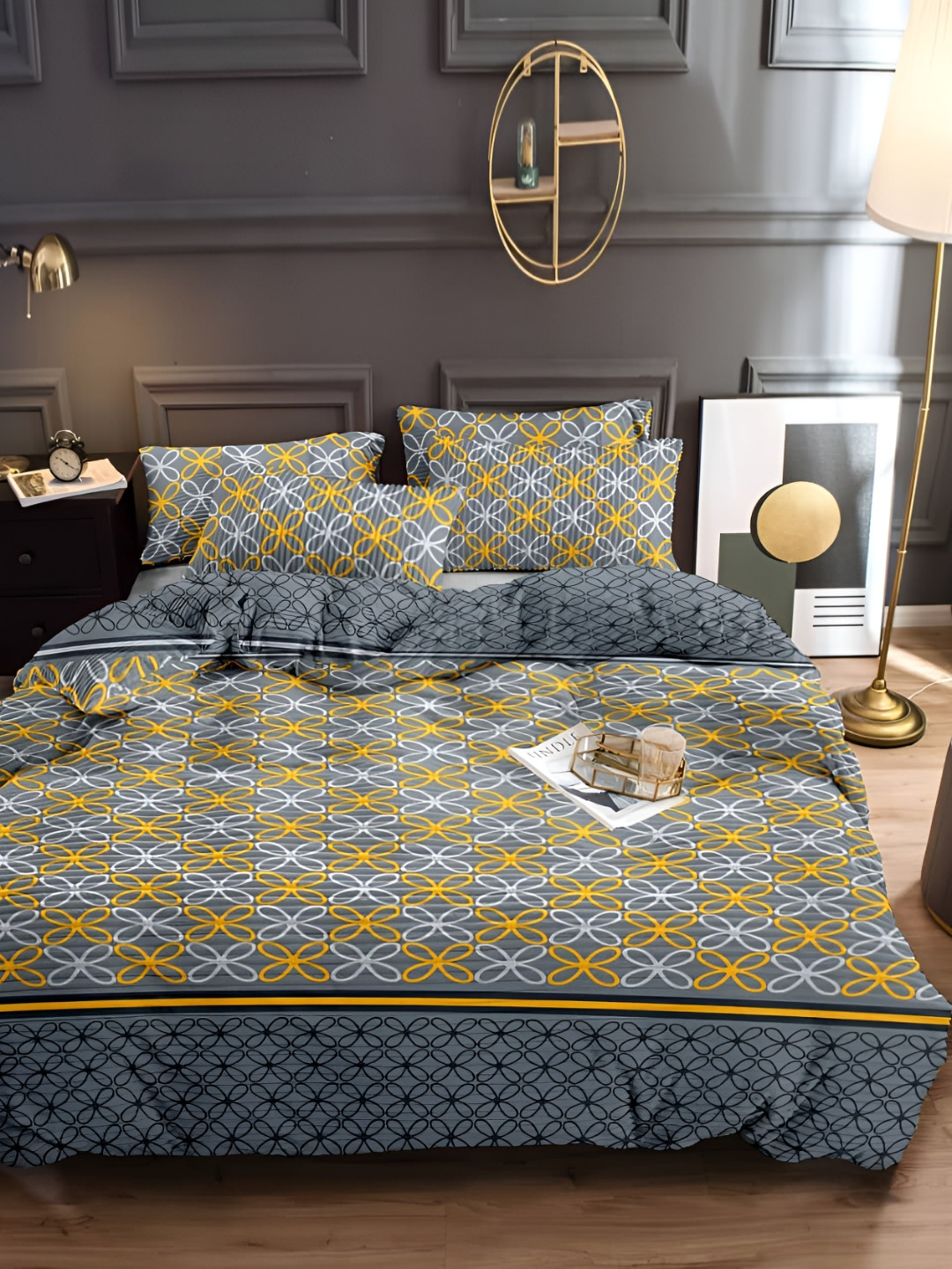 

BREVARD Grey & Yellow Printed Double Size DuvetCover