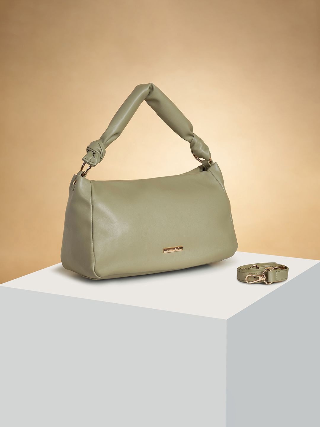 

Forever Glam by Pantaloons Colourblocked PU Oversized Structured Sling Bag with Cut Work, Olive