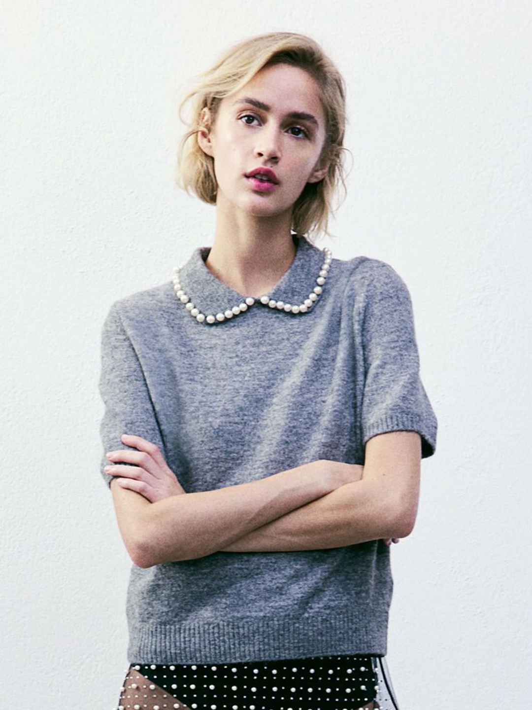 

H&M Women Beaded-Collar Knitted Top, Grey
