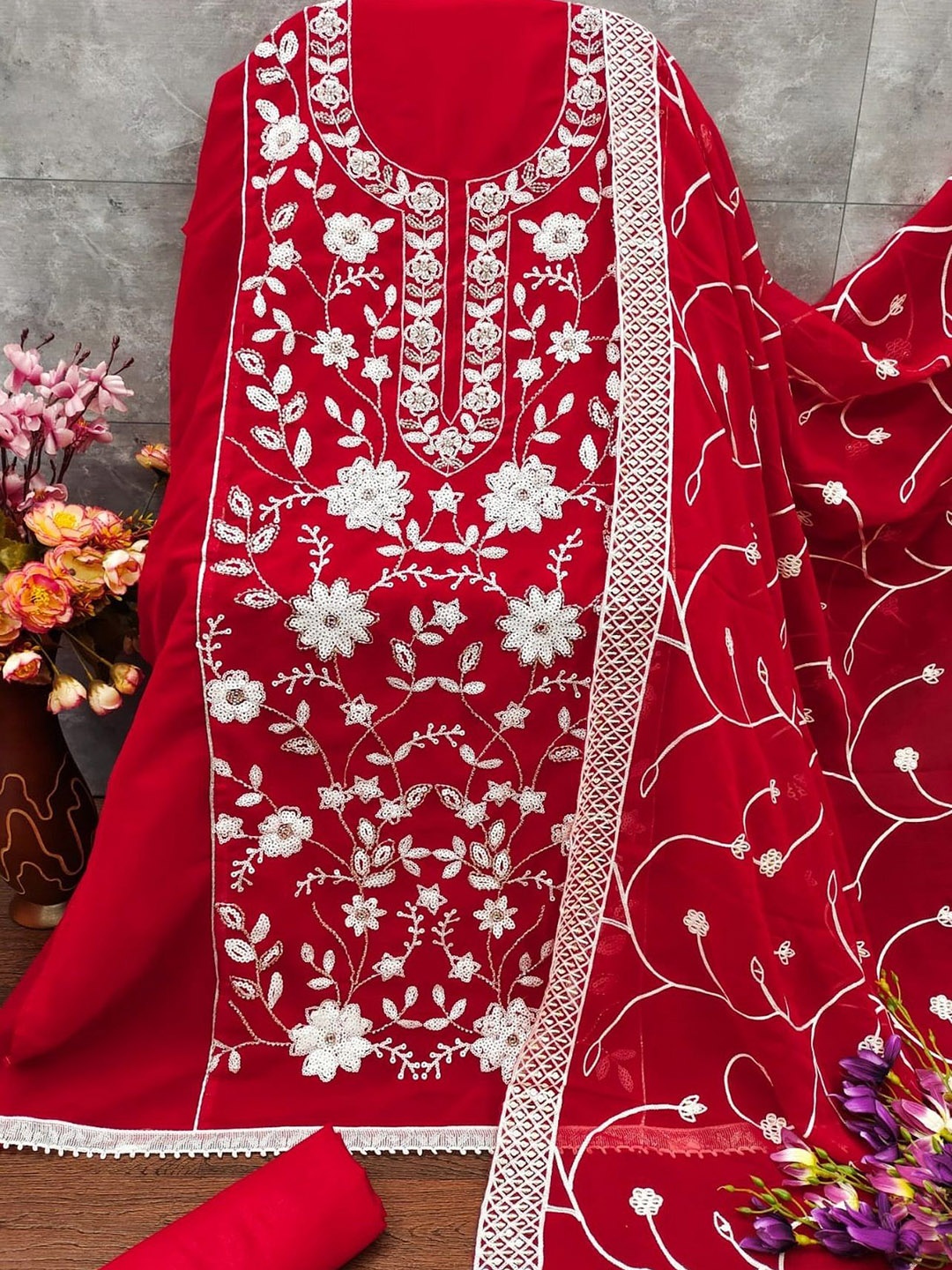 

mimi design Silk Georgette Unstitched Dress Material, Red