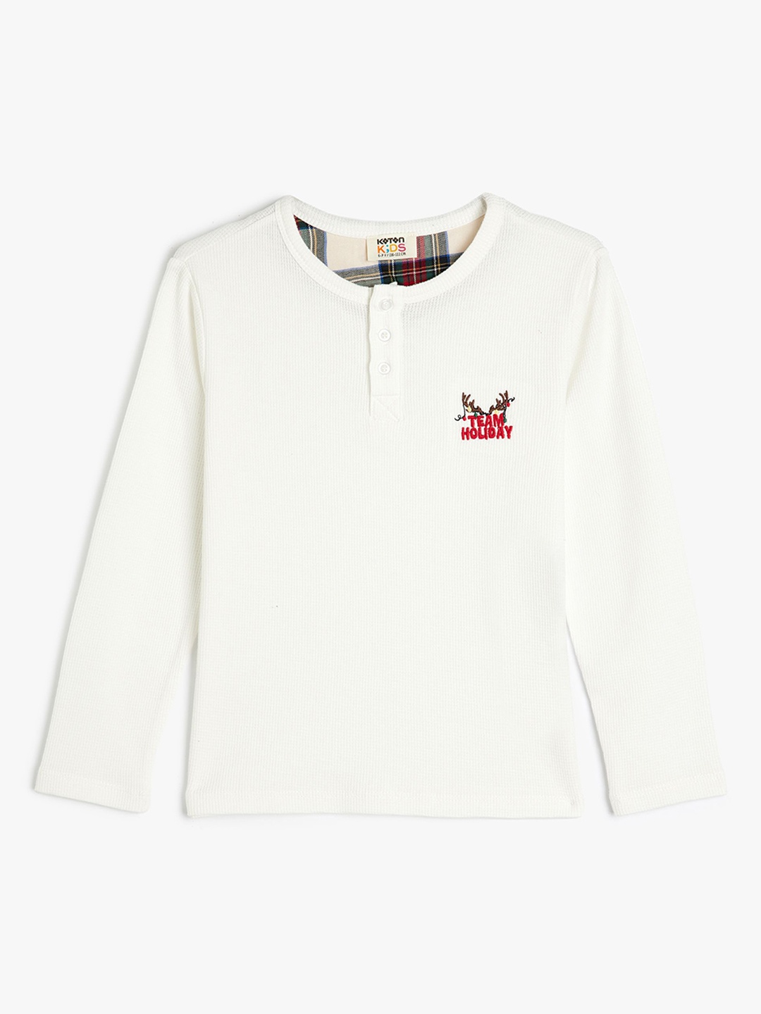 

Koton Boys Ribbed Team Holiday Embroidered Pure Cotton Round Neck T-Shirt, White