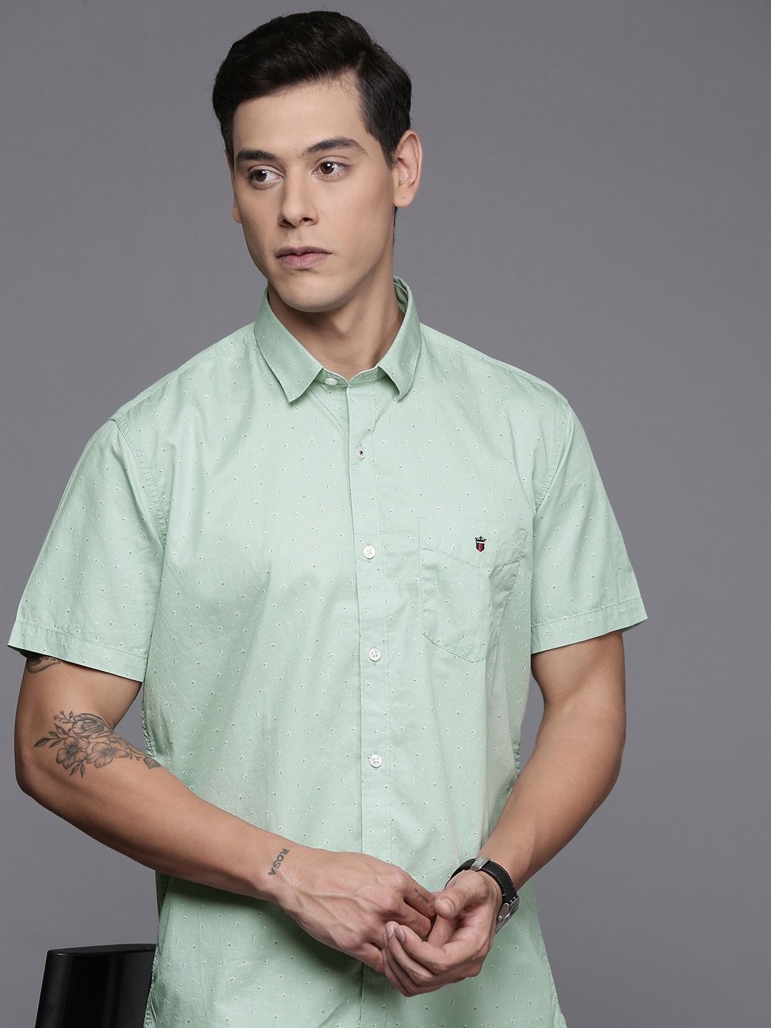 

Louis Philippe Sport Slim Fit Micro Ditsy Printed Pure Cotton Shirt, Green