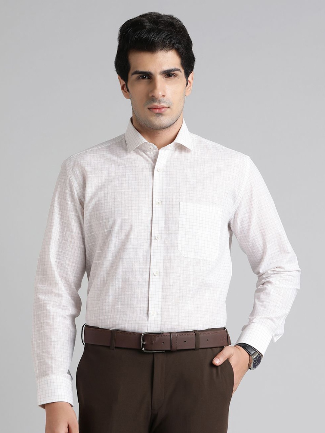 

Greenfibre Men Opaque Checked Formal Shirt, Grey