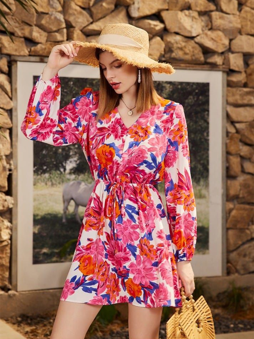 

Errabelly Women Floral Print Fit and Flare Dress, Pink