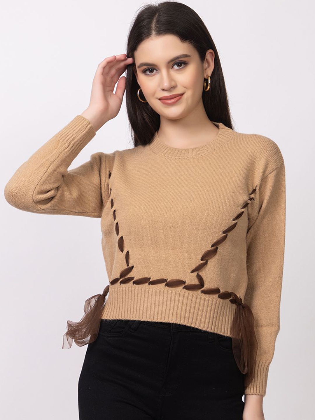

Lory Women Self Design Round Neck Woollen Pullover, Beige