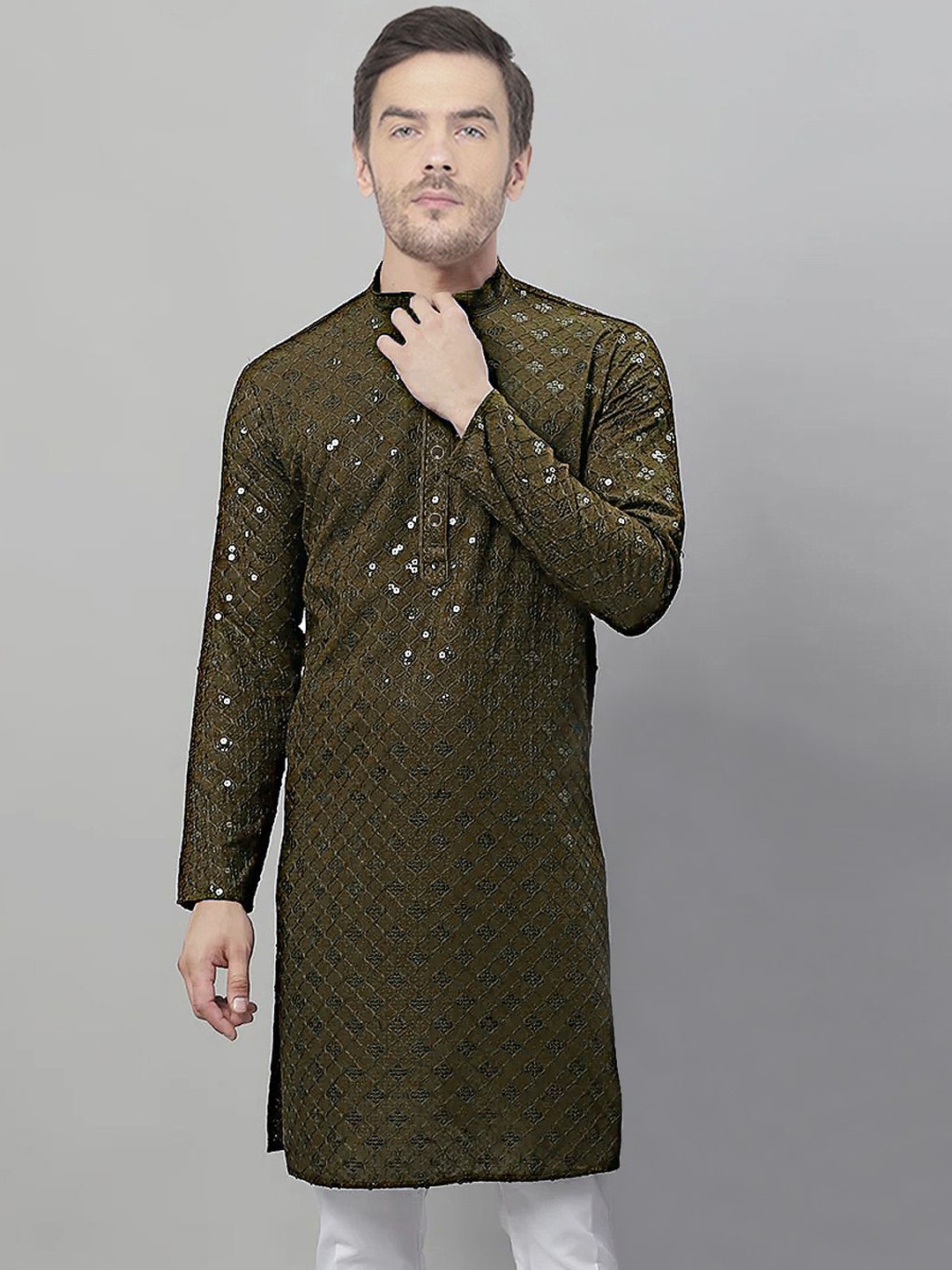 

SG LEMAN Men Paisley Embroidered Chikankari Jacquard Kurta, Green