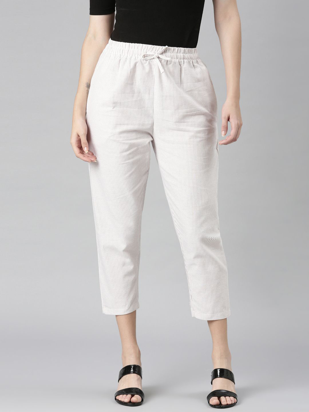 

TWIN BIRDS Women Striped Straight Fit Cotton High Ankle Trouser, Beige