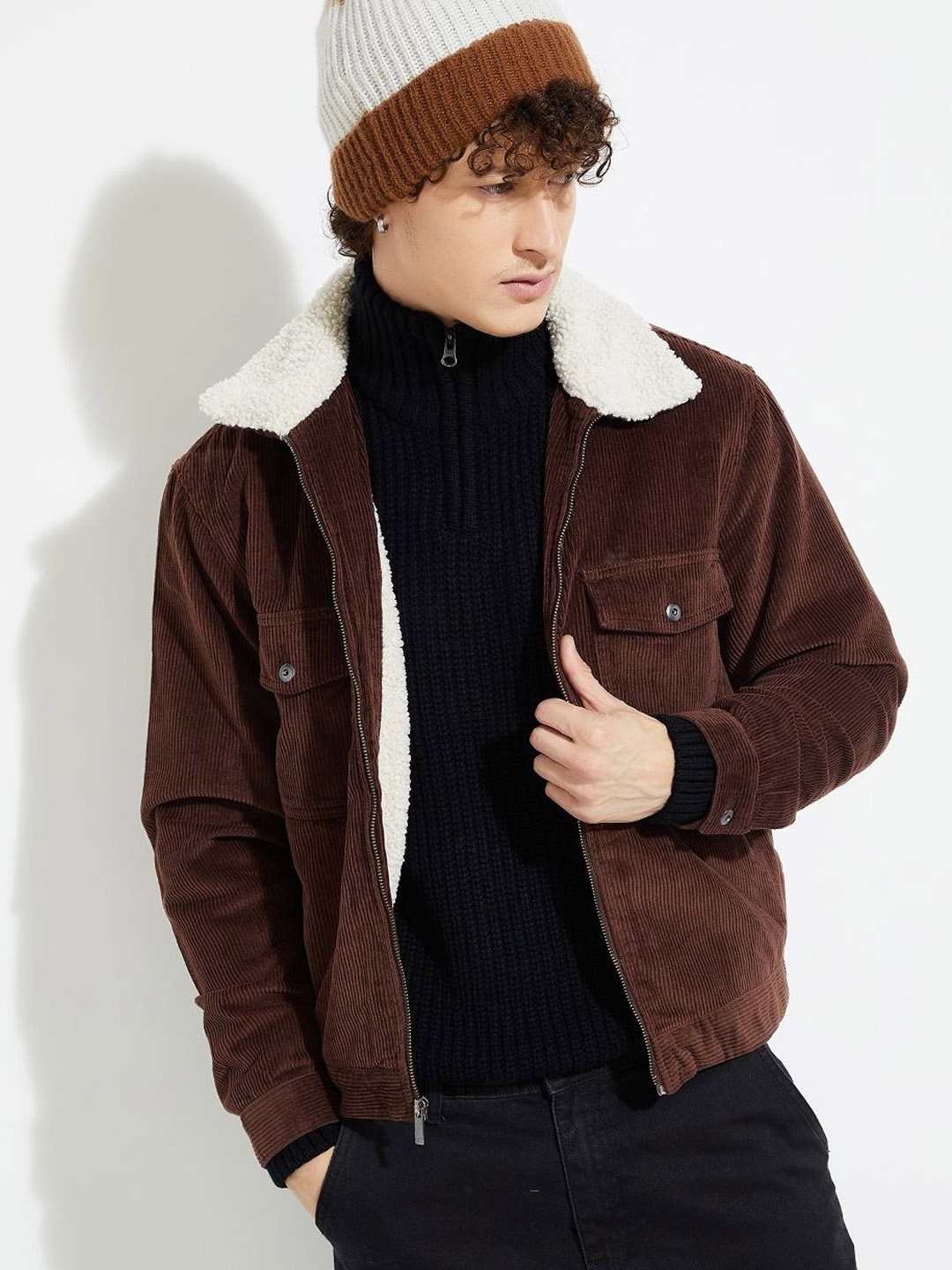 

MAX URB_N Men Corduroy Jacket with Sherpa Collar, Brown