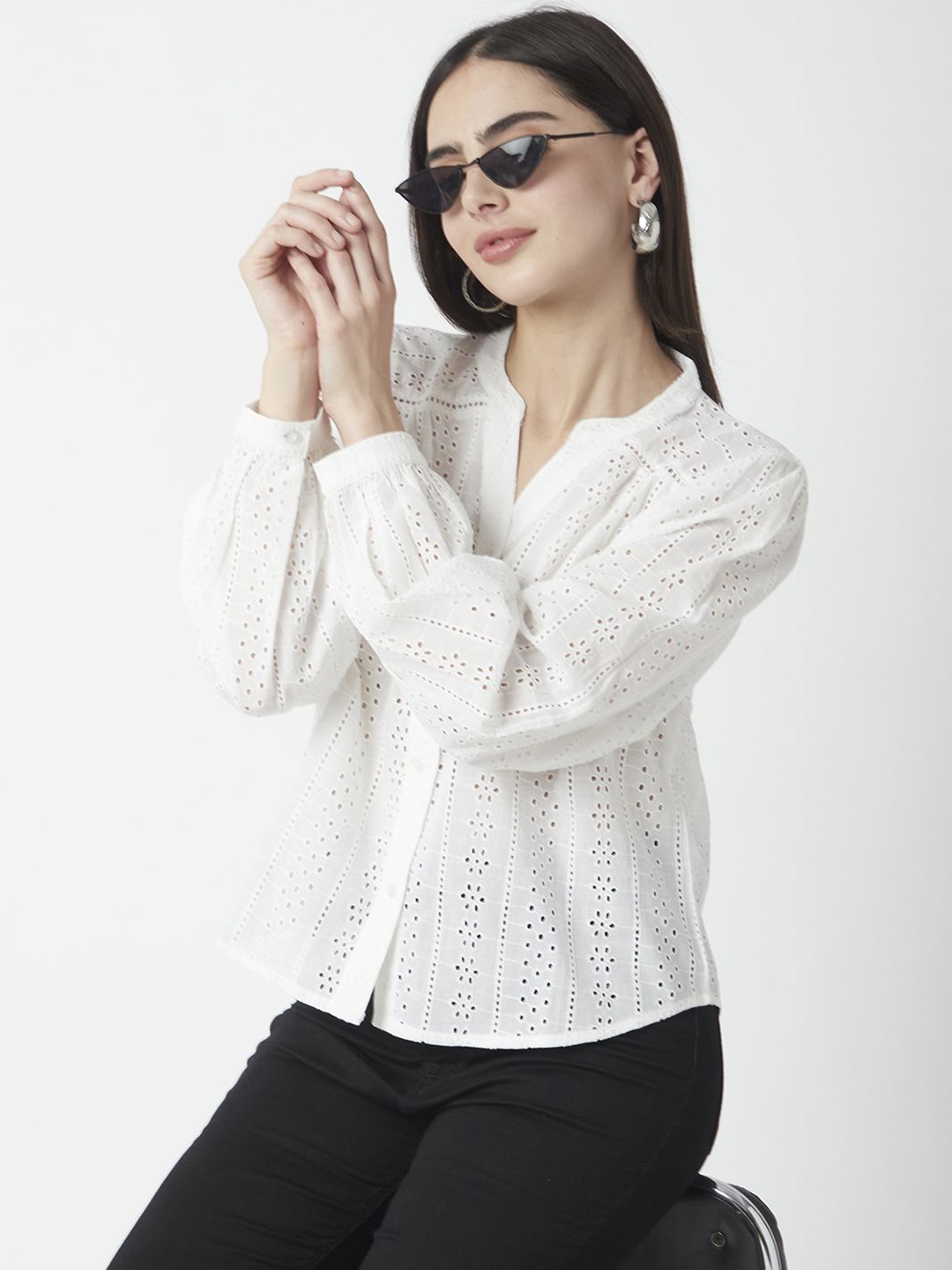 

R&B Women Self Design Cotton Shirt Style Top, White