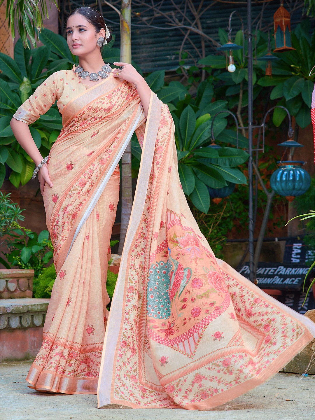 

Anouk Floral Printed Zari Saree, Peach