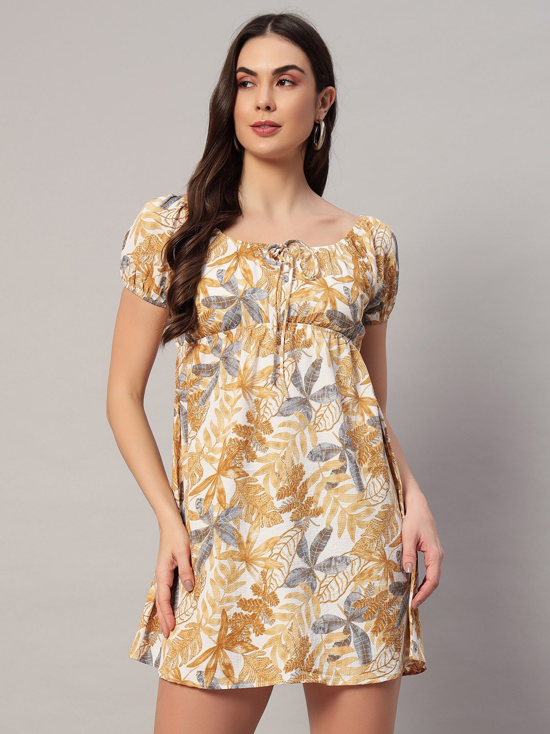 

ROCK AND ROLL Women Floral Printed Tie-Ups A-Line Mini Dress, Camel brown