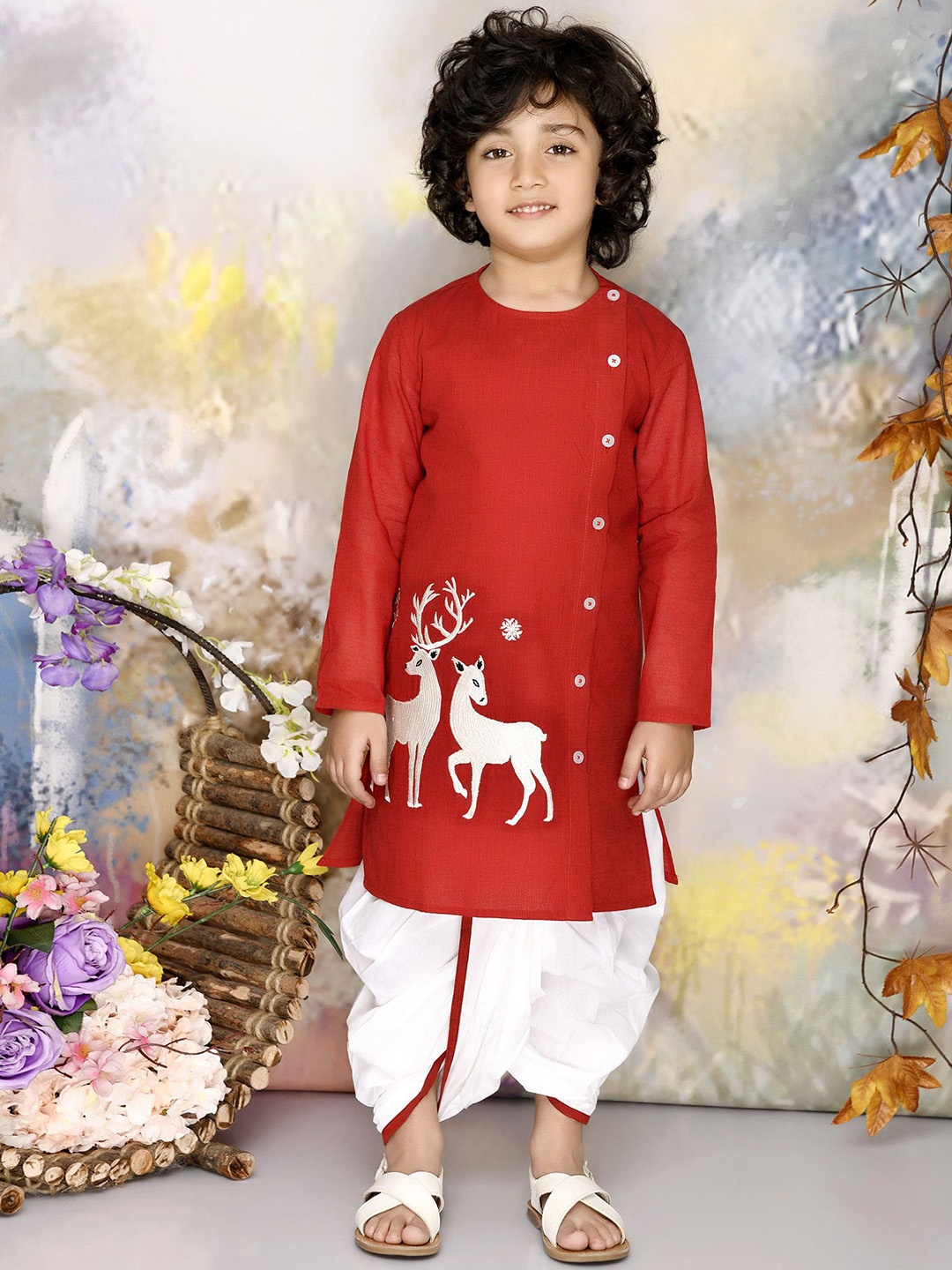 

MUDKID Boys Ethnic Motifs Embroidered Angrakha Thread Work Pure Cotton Kurta with Dhoti Pants, Maroon