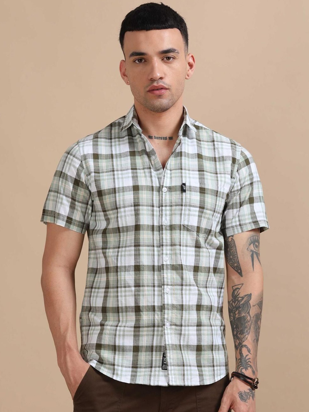

HOUSE OF MAHNOTS Men Classic Opaque Checked Casual Shirt, Green