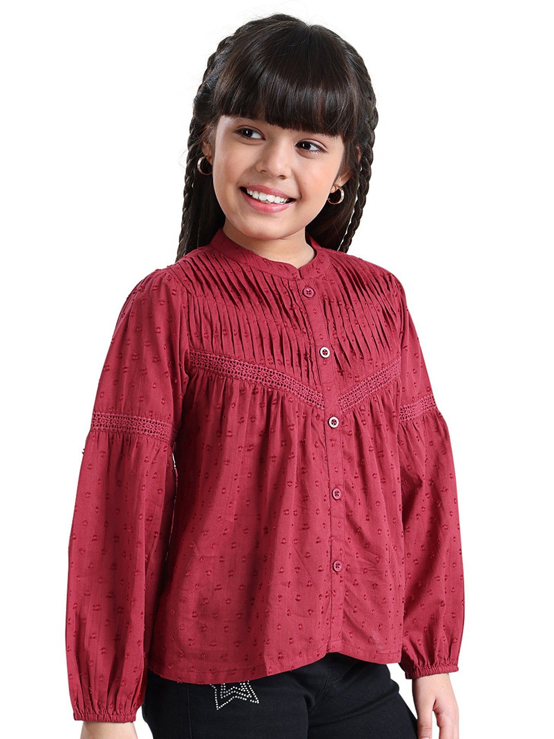 

ARIAS By LARA DUTTA Girls Pleated Mandarin Collar Cotton Top, Red