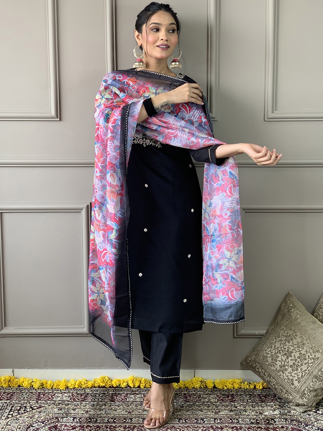

NIZA FASHION Women Embroidered Regular Kurta with Trousers & With Dupatta, Black