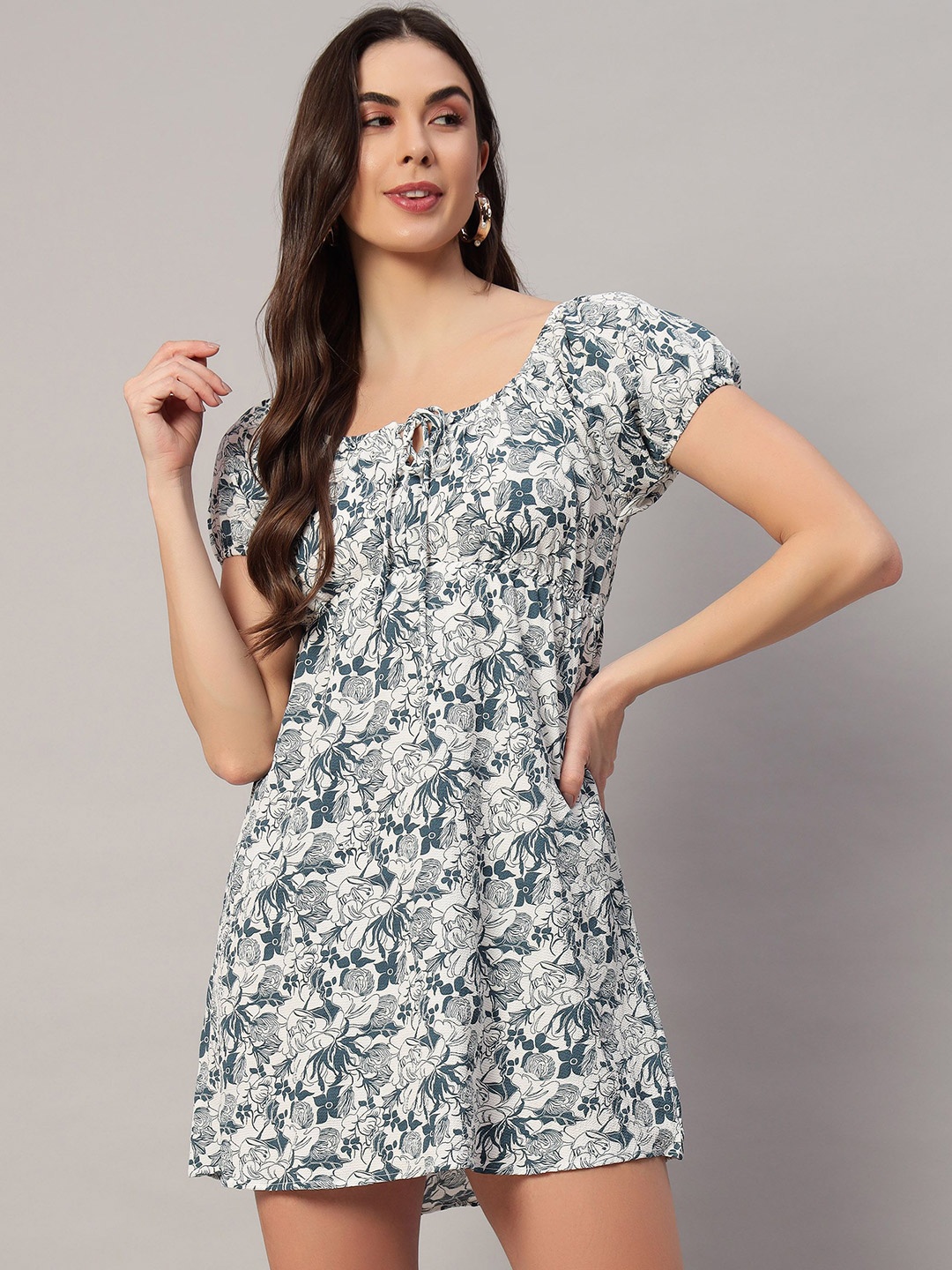 

ROCK AND ROLL Women Floral Printed Puff Sleeve A-Line Mini Dress, Blue