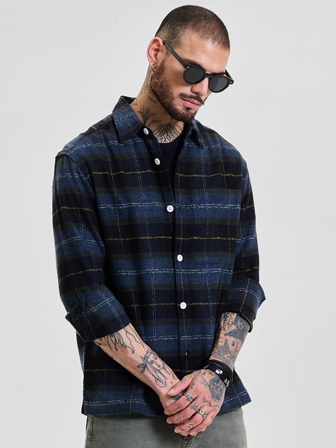 

Snitch Men Checked Open Front Jacket, Navy blue