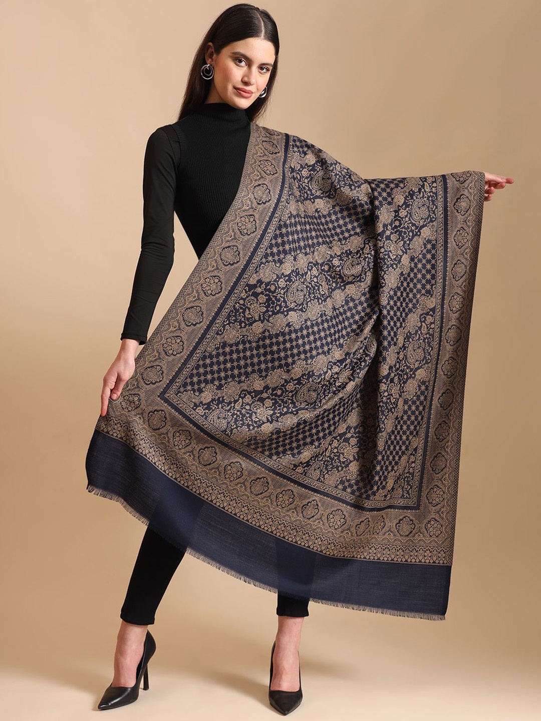 

Zamour Women Floral Woven Design Shawl, Navy blue