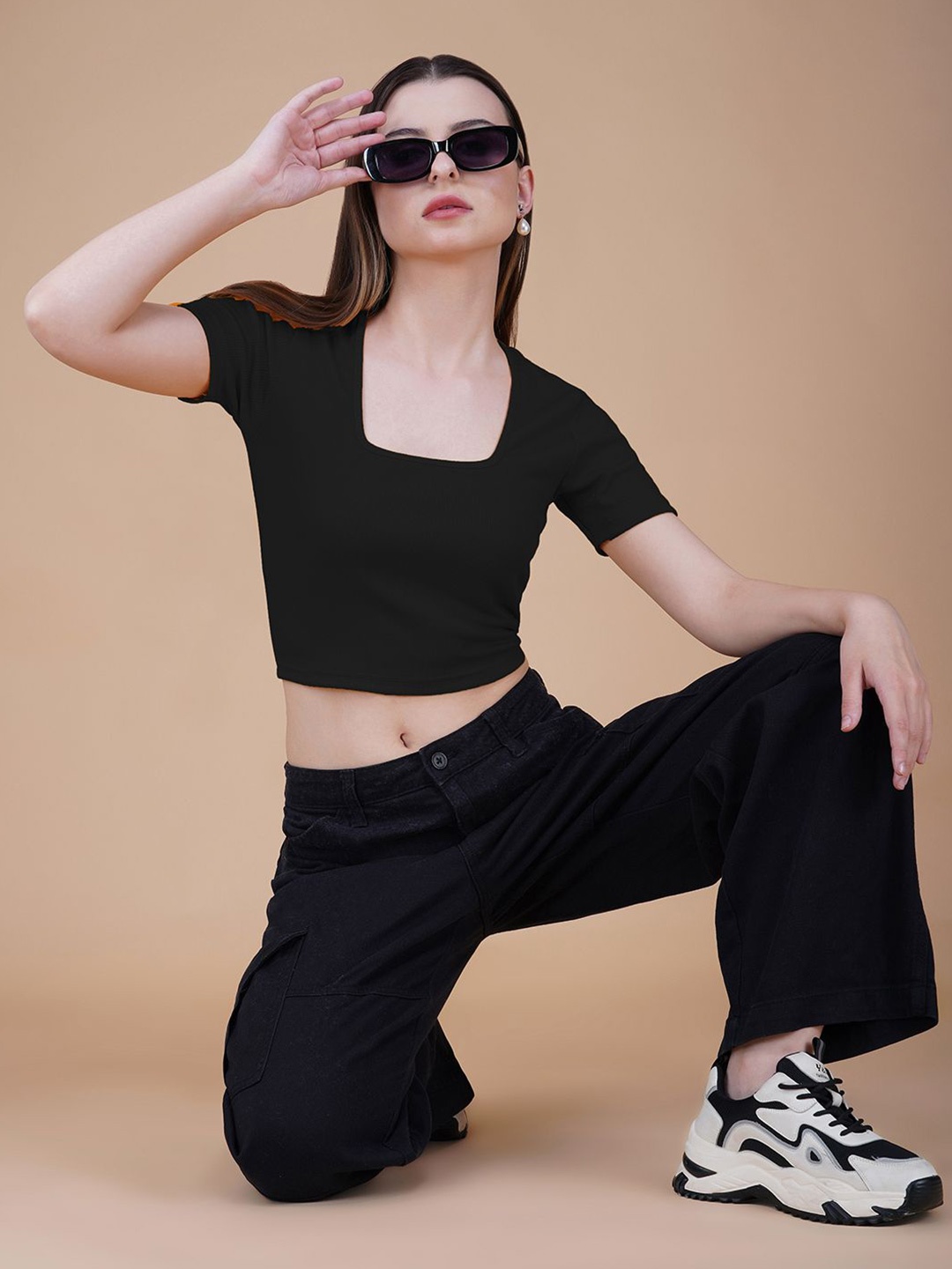 

Lagashi Women Square Neck Cotton Crop Top, Black