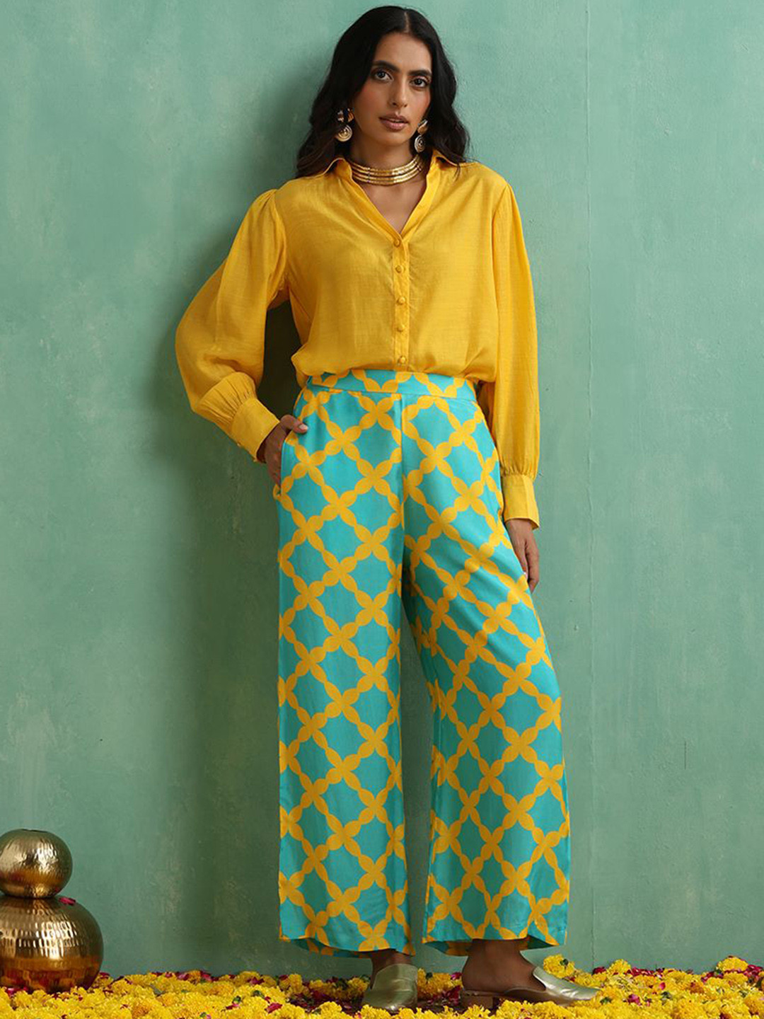 

indy Raaga Shirt With Printed Trousers Co-Ords, Turquoise blue