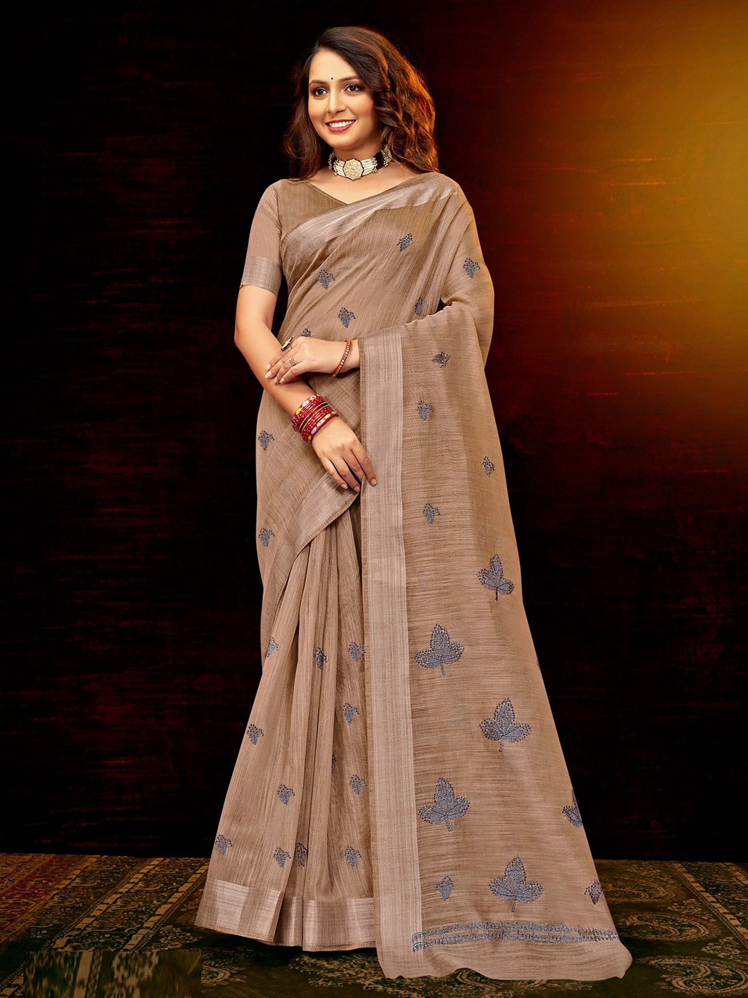 

MAHALASA Ethnic Motifs Embroidered Saree, Brown