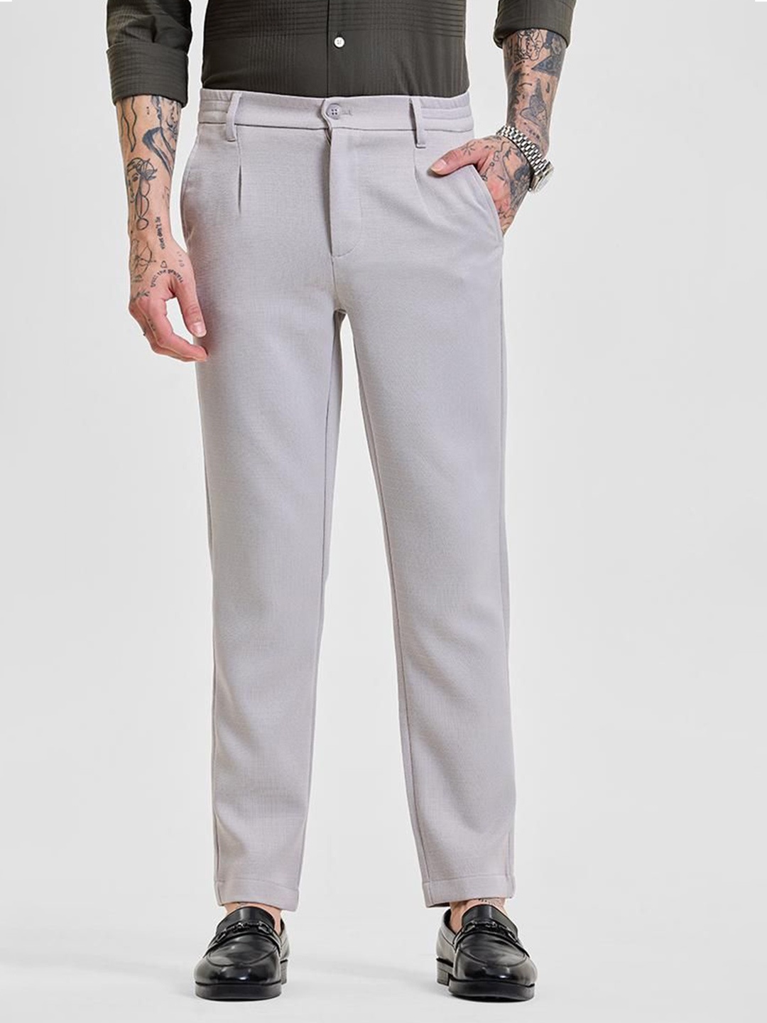 

Snitch Men Smart Slim Fit Pleated Chinos Trousers, Grey