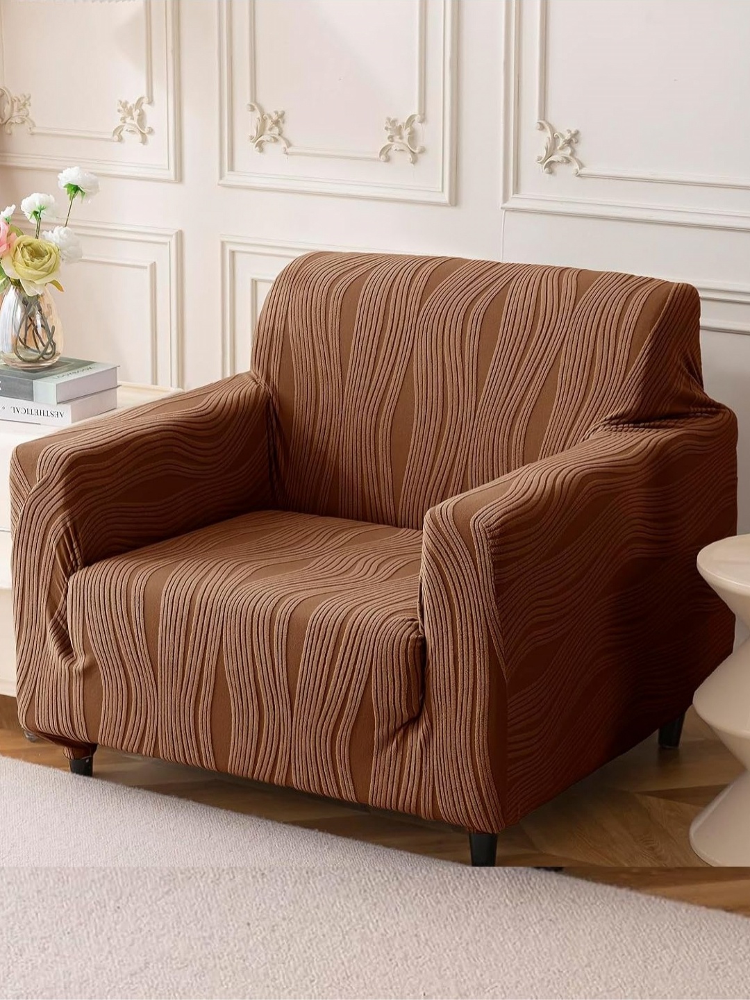 

House Of Quirk Single Seater Jacquard Waterproof Crizzle Pattern Fabric Sofa Cover, Camel brown