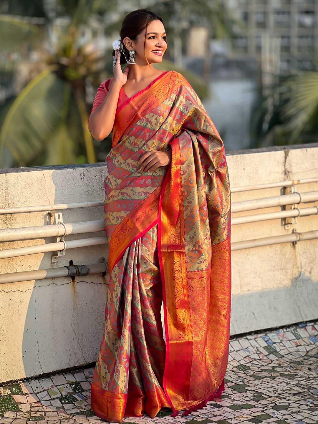

Mitera Woven Design Zari Dharmavaram Saree, Peach