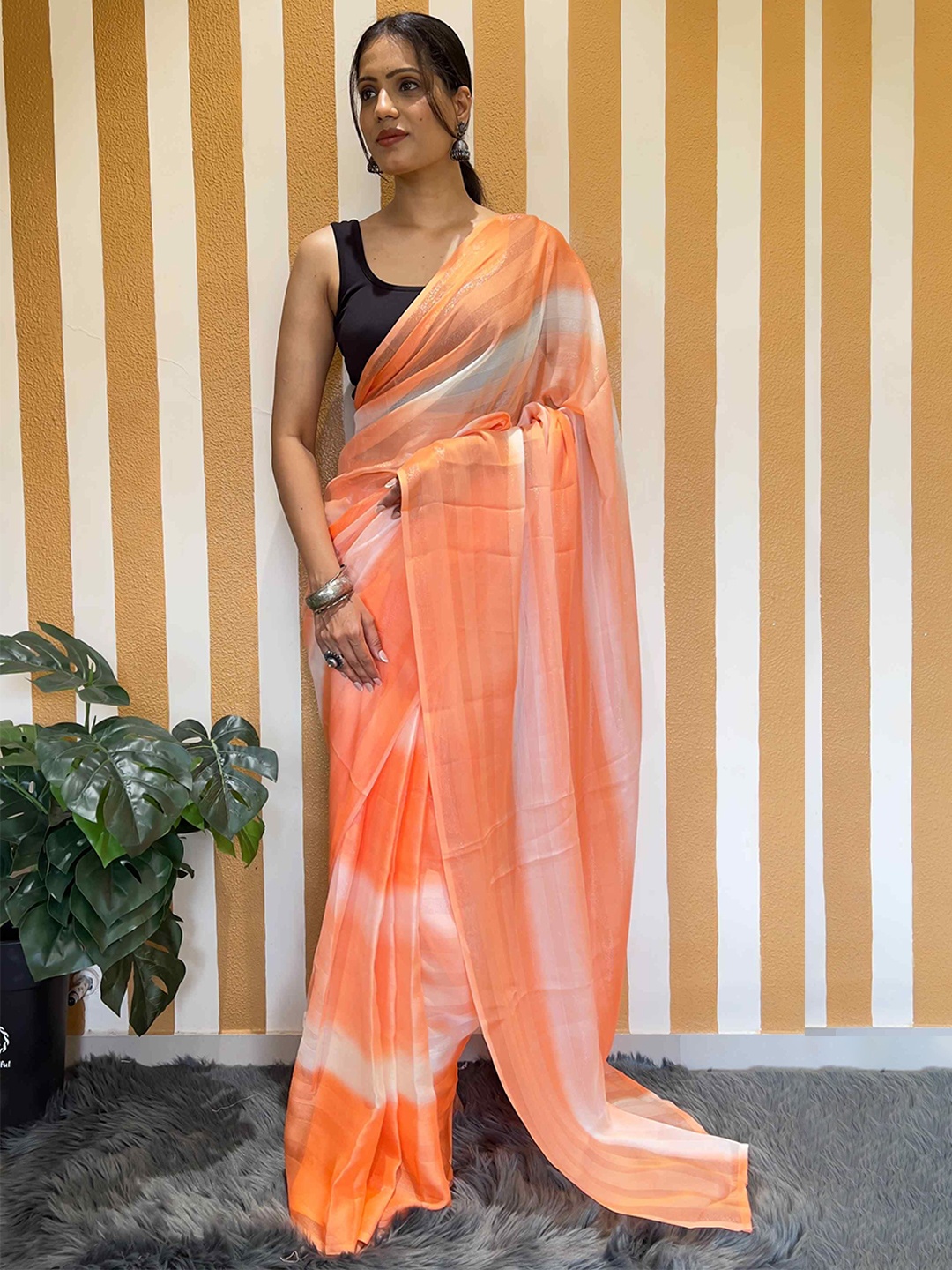 

HERE&NOW Striped Poly Georgette Saree, Orange