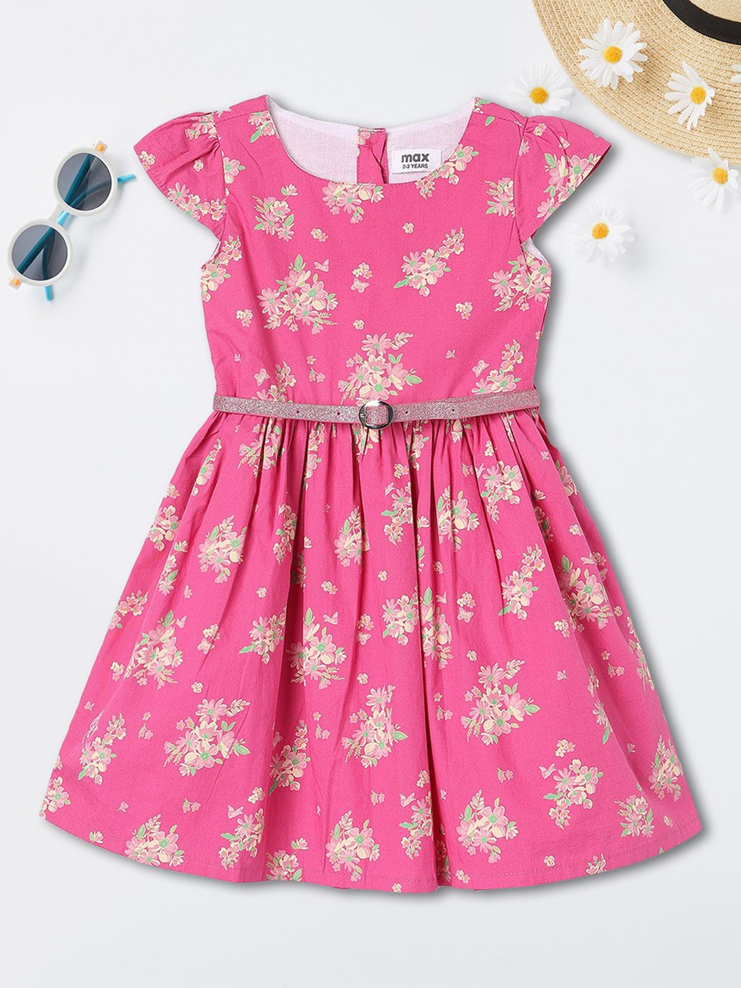 

max Girls Floral Printed Fit & Flare Cotton Dress Comes with a belt, Pink