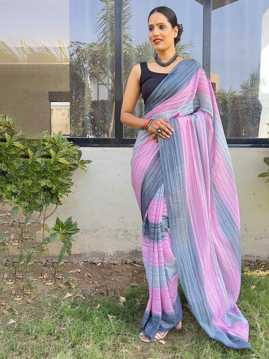 

HERE&NOW Striped Zari Ready to Wear Saree, Grey