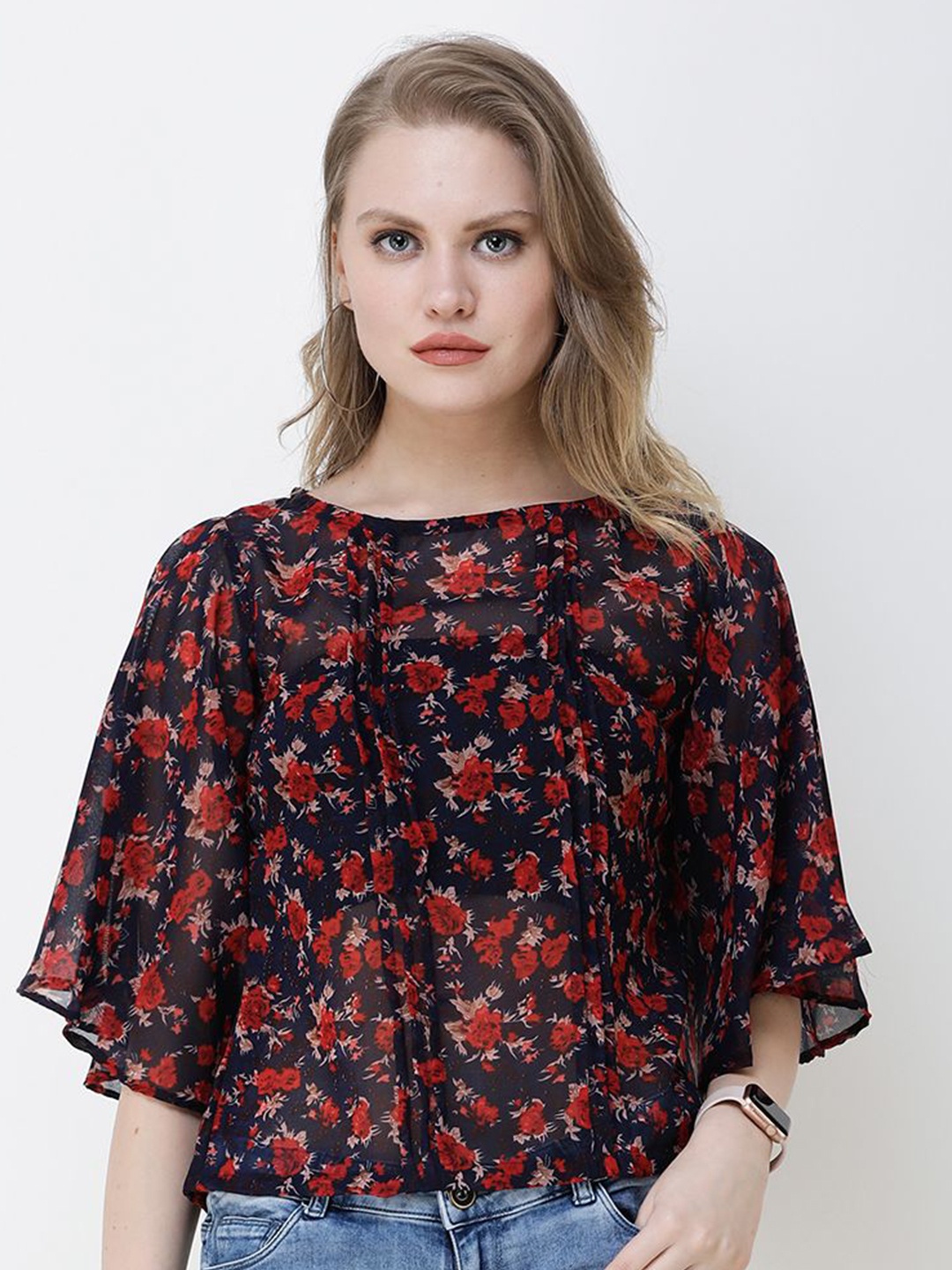 

BAESD Floral Print Flared Sleeve Georgette Top, Navy blue