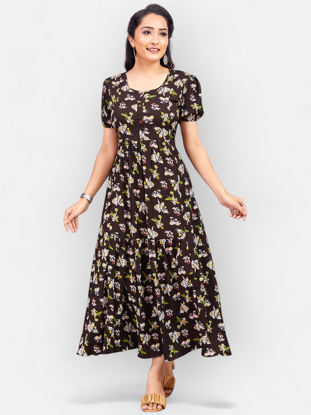 

PAMPER YOURSELF Floral Print Georgette Fit & Flare Maxi Dress, Coffee brown