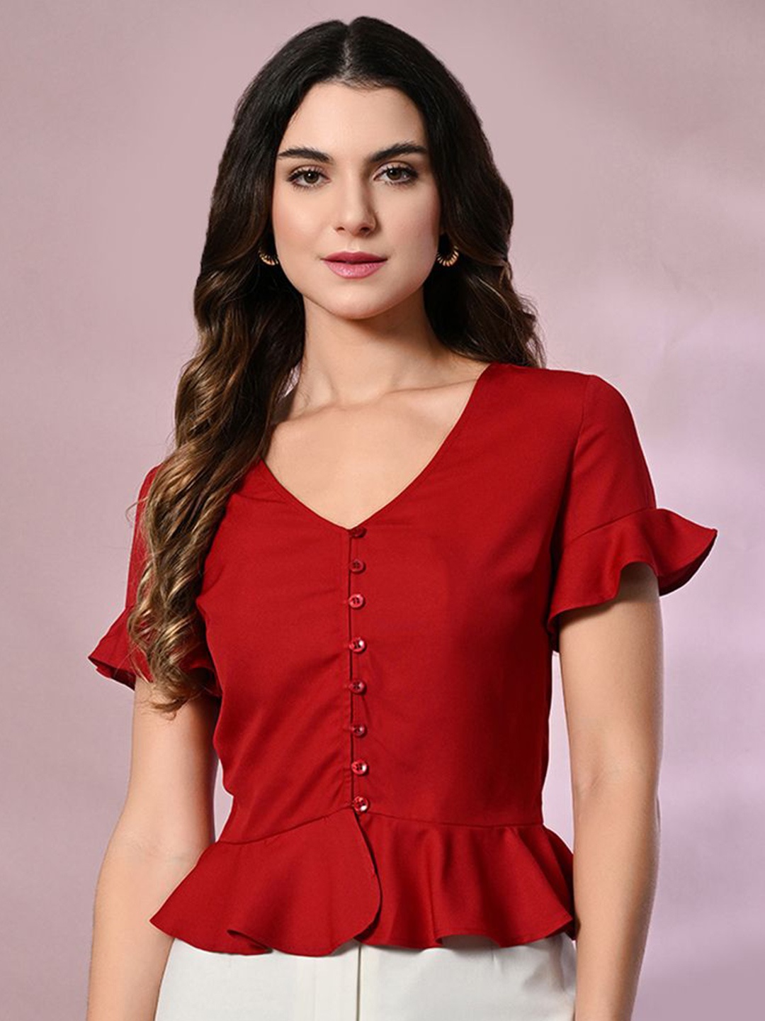 

all about you Women V-Neck Peplum Top, Red
