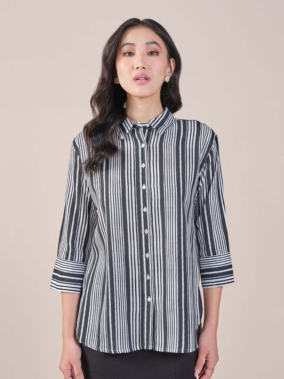 

AND Striped Shirt Style Top, Black