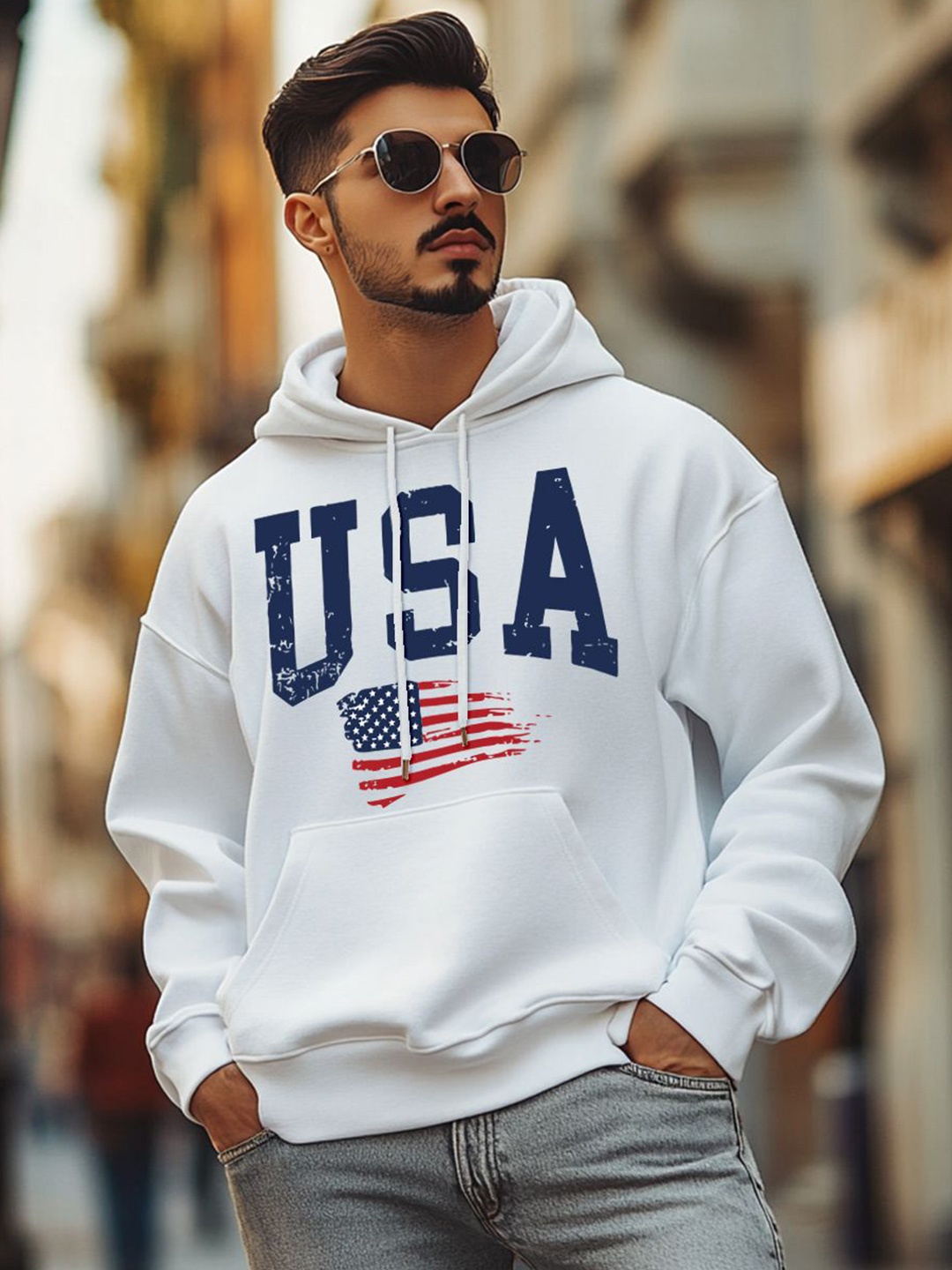 

VEIRDO Men Printed Hooded Pullover Sweatshirt, White